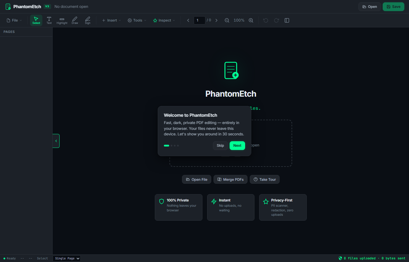 PhantomEtch free PDF editor with dark UI showing merge, sign, compress, and OCR tools